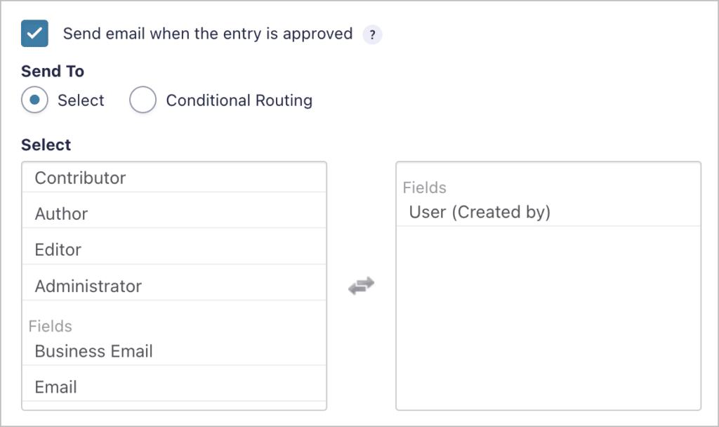 A checkbox labelled 'Send email when the entry in approved'