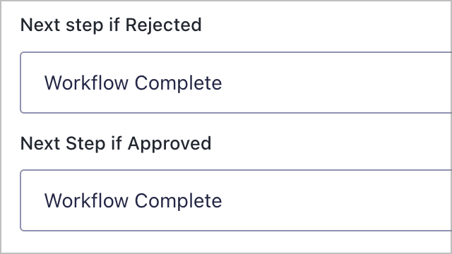 The 'Next step if rejected' and 'Next step is approved' both set to 'Workflow Complete'