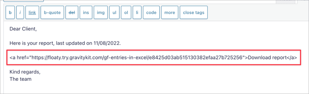 An HTML anchor tag pointing to the entry report URL