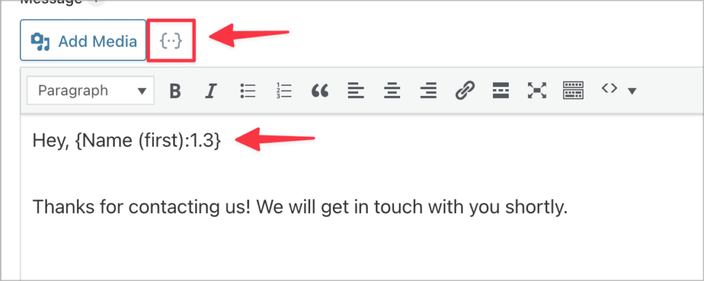 The merge tag button above the confirmation message box in Gravity Forms