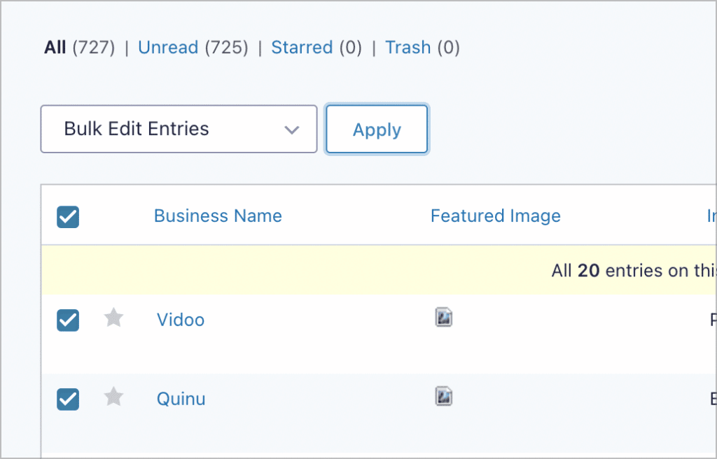 The 'Bulk Edit Entries' option on the Gravity Forms Entries page