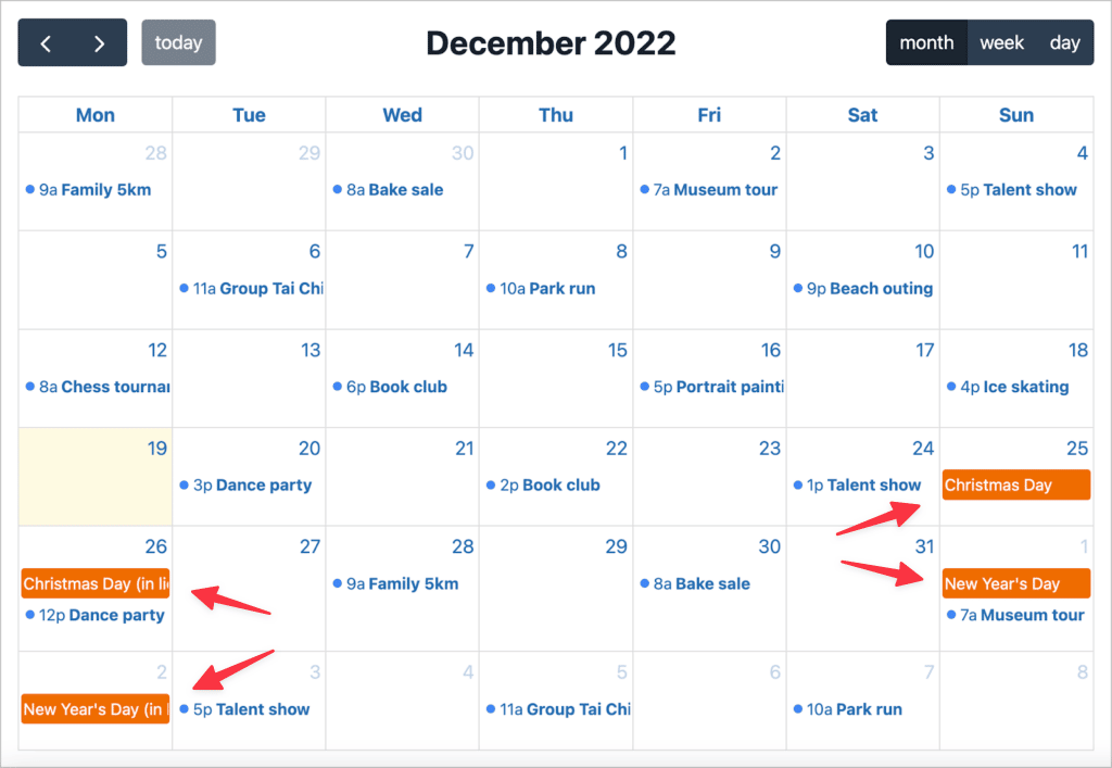 A GravityCalendar displaying two kinds of events: Regular Gravity Forms entries, and events from an external calendar feed