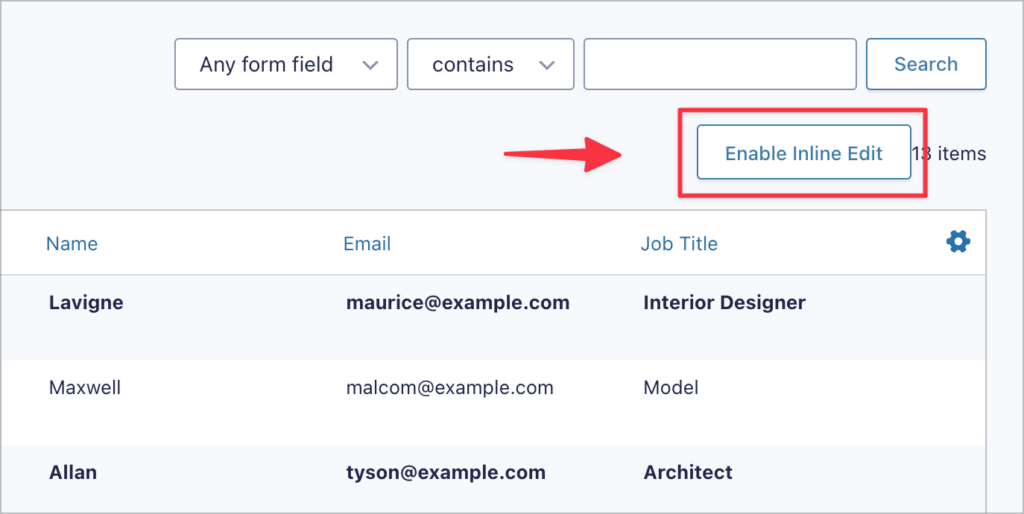 A button on the Gravity Forms Entries page that says 'Enable Inline Edit'
