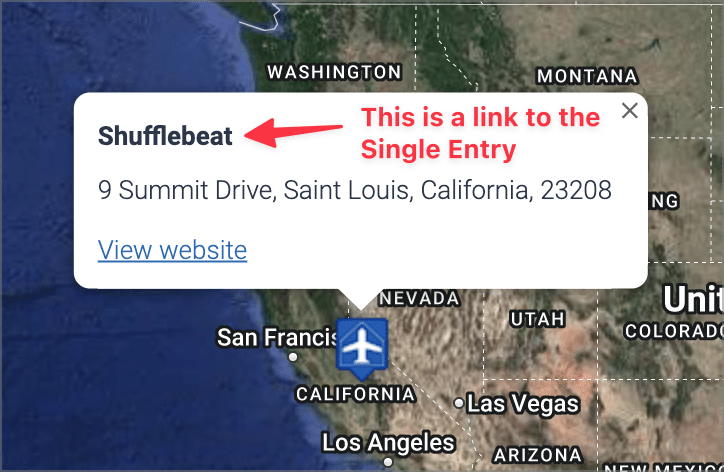 An info box that appears when a user clicks on a map marker icon. The title of the info box is a link to the single entry page