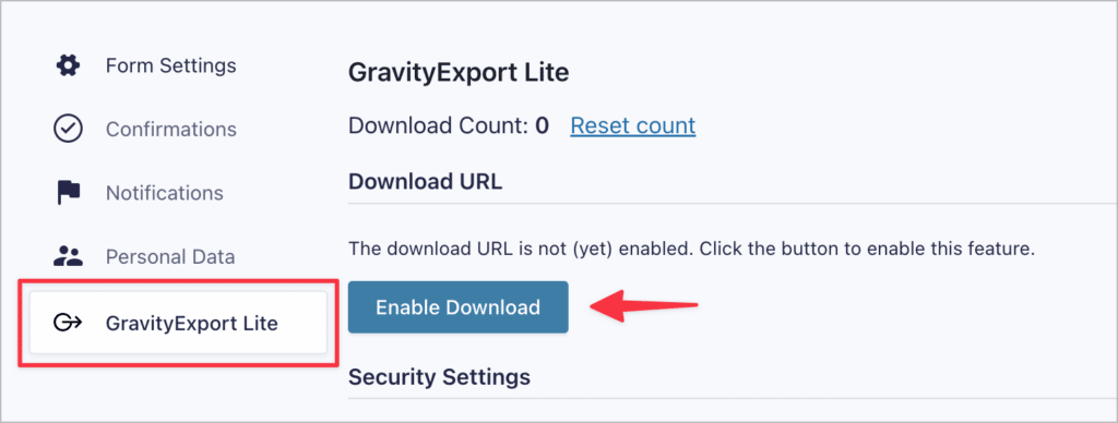 The 'Enable Download' button for the GravityExport Lite feed