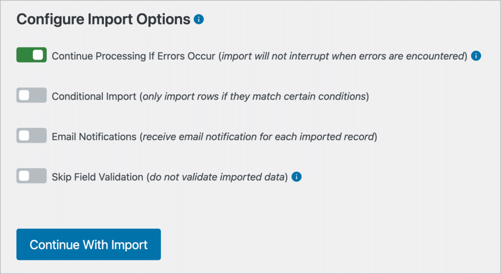 The import options when importing a CSV using GravityImport