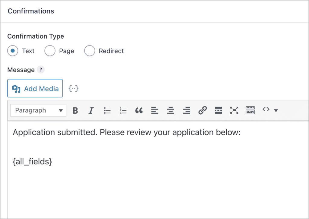 The confirmation message box with the text 'Application submitted. Please review your application below: {all_fields}.