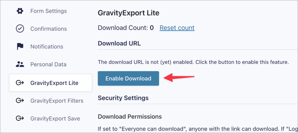 A button labeled 'Enable Download' on the GravityExport Lite feed page