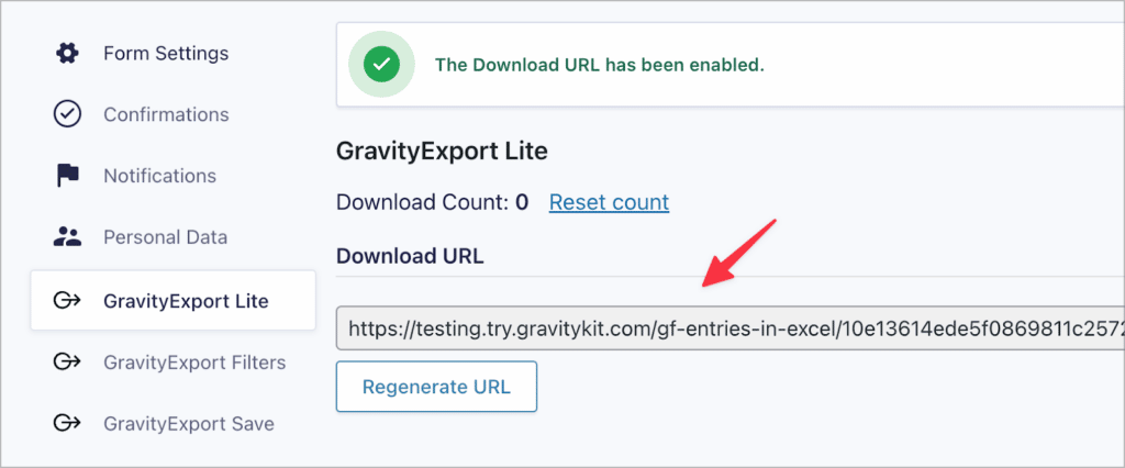 The unique download URL generated by GravityExport