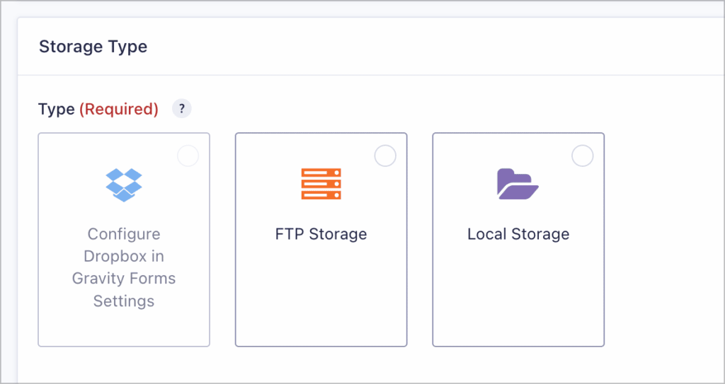 The different storage types supported by GravityExport: Dropbox, FTP and Local Storage
