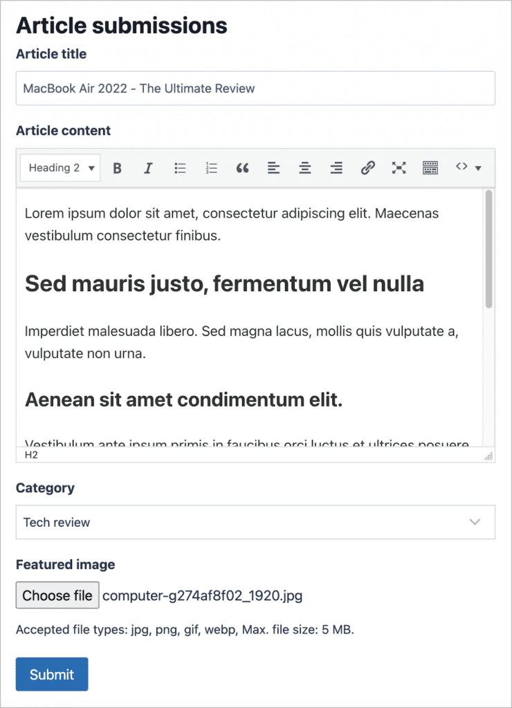 A Gravity Form allowing users to submit blog articles.