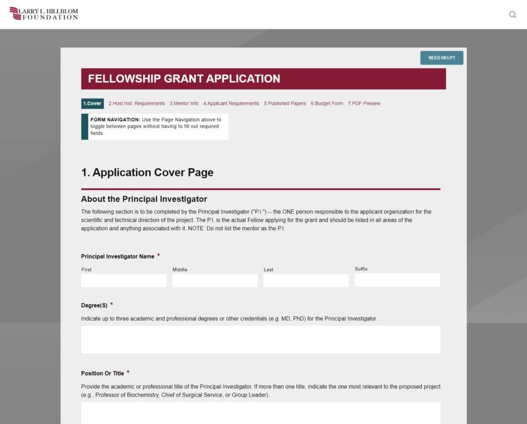 The grant application form (built using Gravity Forms) for the Larry L. Hillblom Foundation.