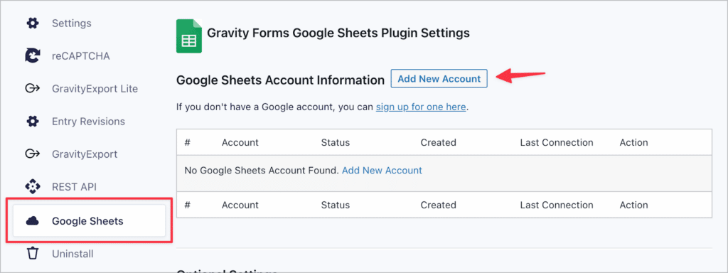The 'Add New Account' button on the Google Sheets page in the Gravity Forms settings