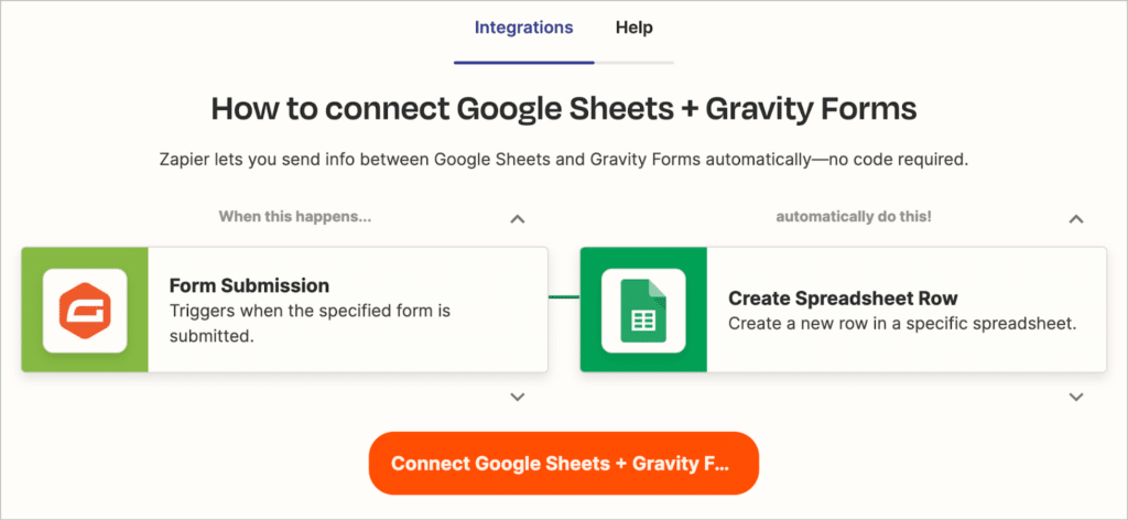 A page on the Zapier website titled 'How to connect Google Sheets + Gravity Forms'