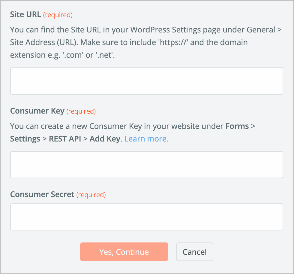 Gravity Forms account settings for connecting your Gravity Forms account to Zapier