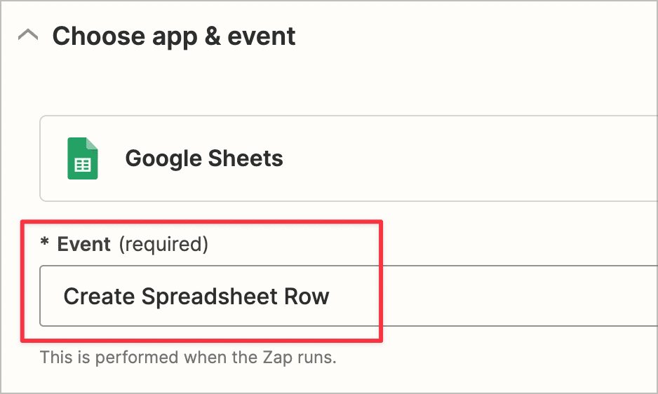 The 'Event' field set to 'Create Spreadsheet Row' for Google Sheets