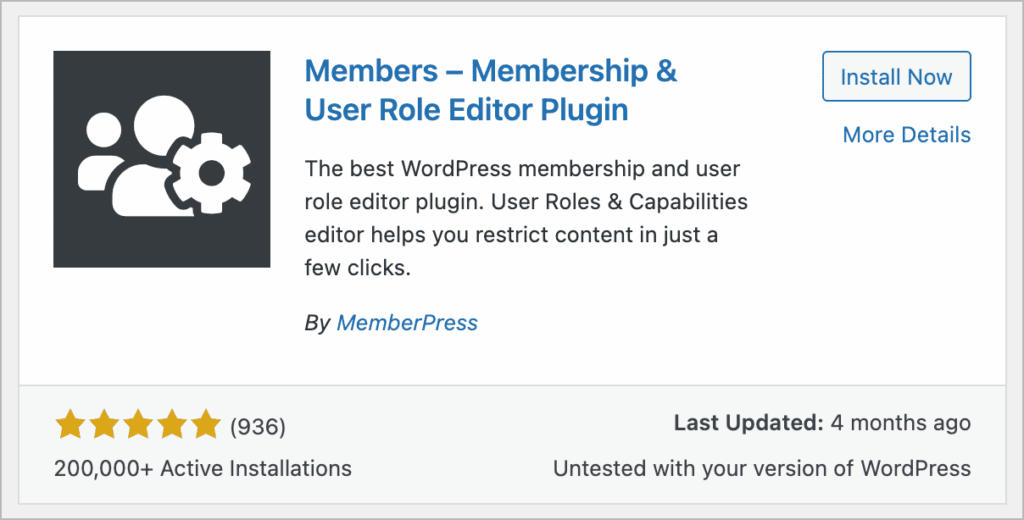 The "Members - Membership & User Role Editor" Plugin preview showing 200,000 active installations and a 5-star rating with 647 reviews