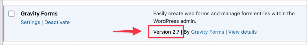The plugin version number for Gravity Forms on the WordPress 'Plugins' page
