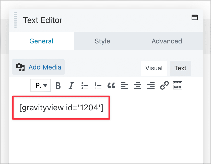 The GravityView shortcode inside a Beaver Builder 'Text Editor' module
