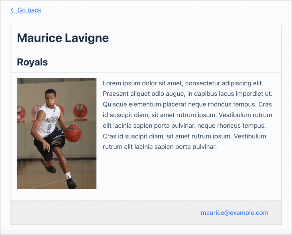 A single profile for an athlete (the Single Entry layout page in GravityView)
