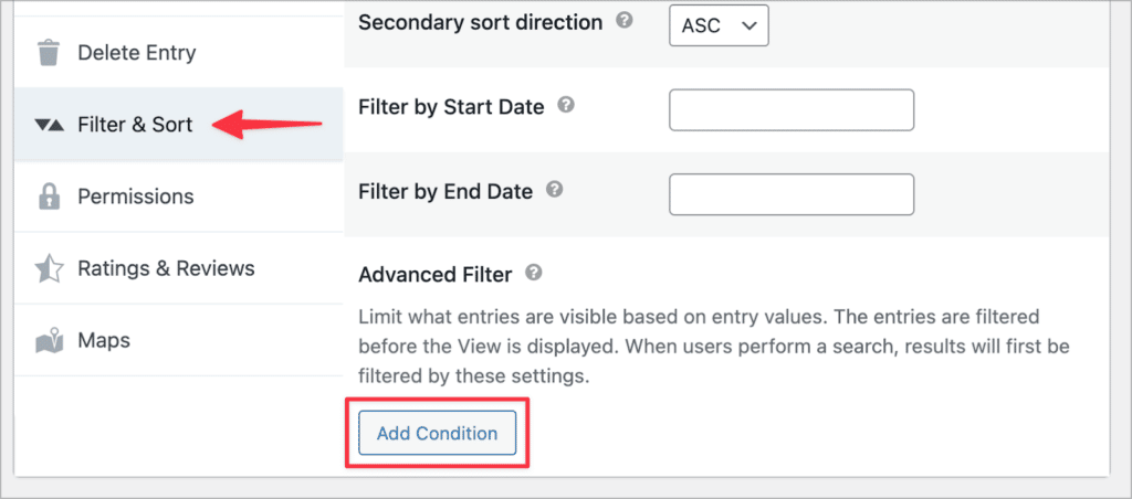 The 'Filter & Sort' tab in the GravityView View Settings