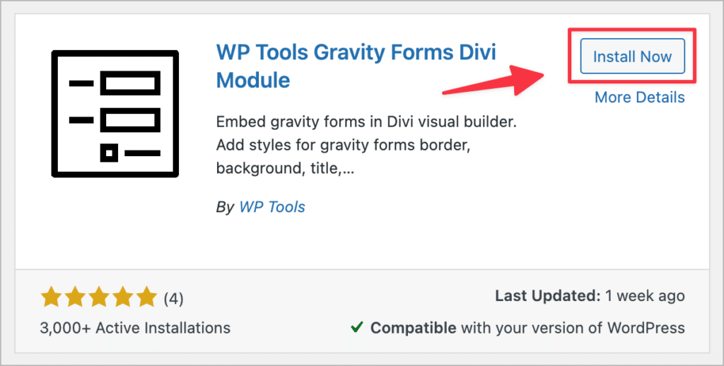 The 'Install Now' button for the 'WP Tools Gravity Forms Divi Module' plugin