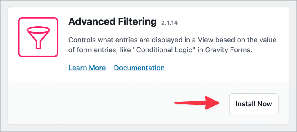 The 'Install' button for the GravityView Advanced Filtering extension