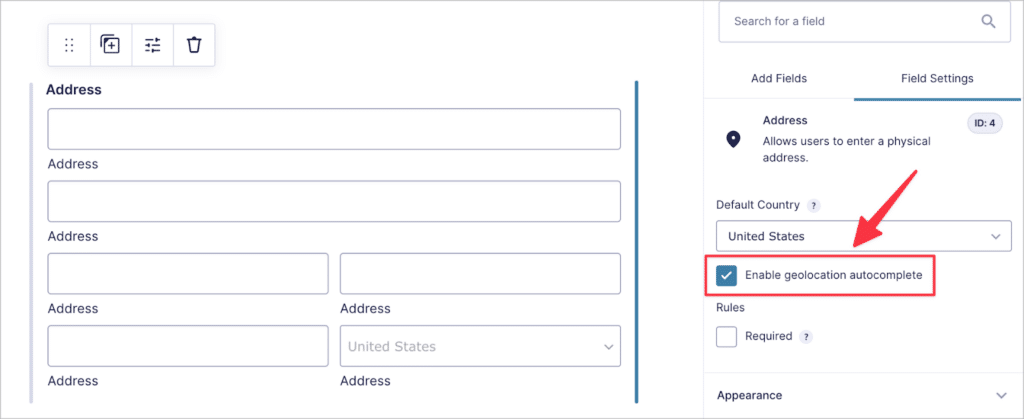 A checkbox in the Address field settings labeled 'Enable geolocation autocomplete'