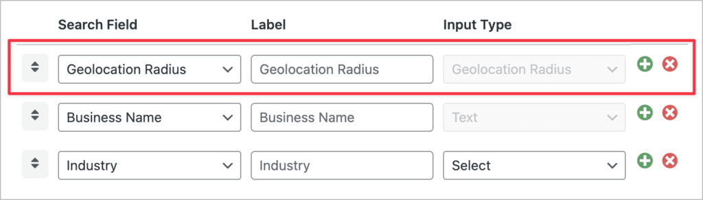 The 'Geolocation Radius' search input field in the GravityView Search Bar widget