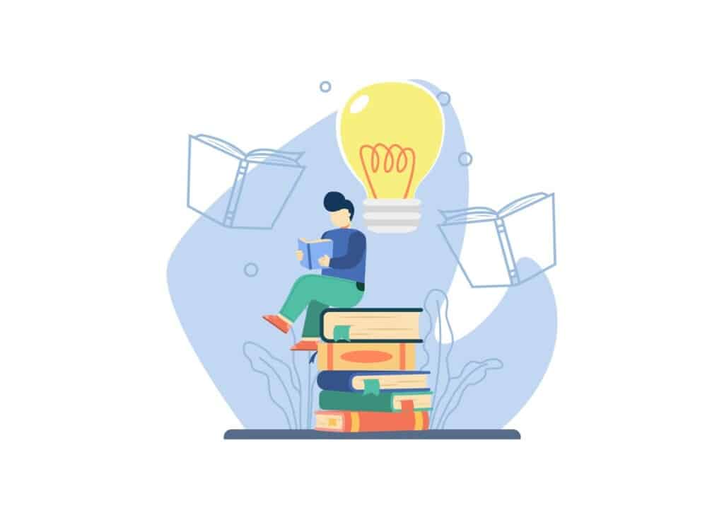 A graphic depicting a person sitting on top of a pile of books, reading another book