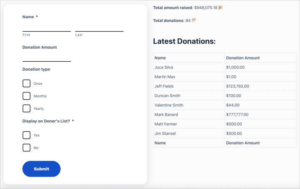 A donation form on the left with a table displaying recent donations on the right