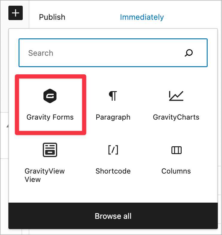 The 'Gravity Forms' block in the WordPress editor
