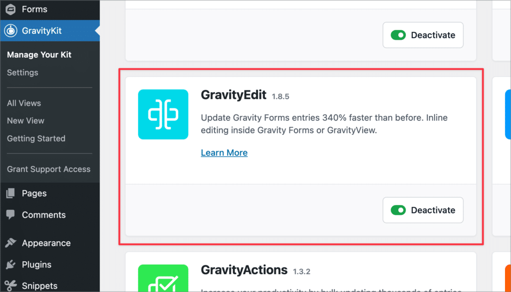 The 'GravityEdit' add-on on the 'Manage Your Kit' page in WordPress