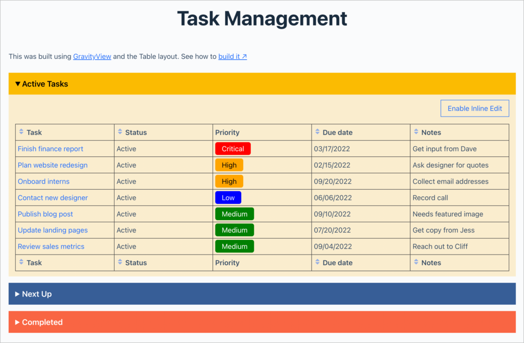 A task management system built using GravityView