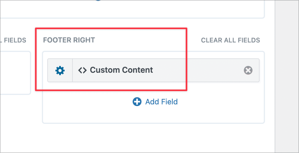 A Custom Content field in the 'Footer Right' section of the View editor