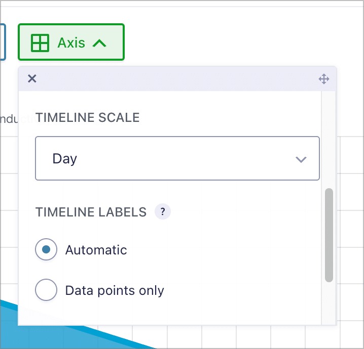 The timeline options in GravityCharts for adjusting the X axis scale and labels