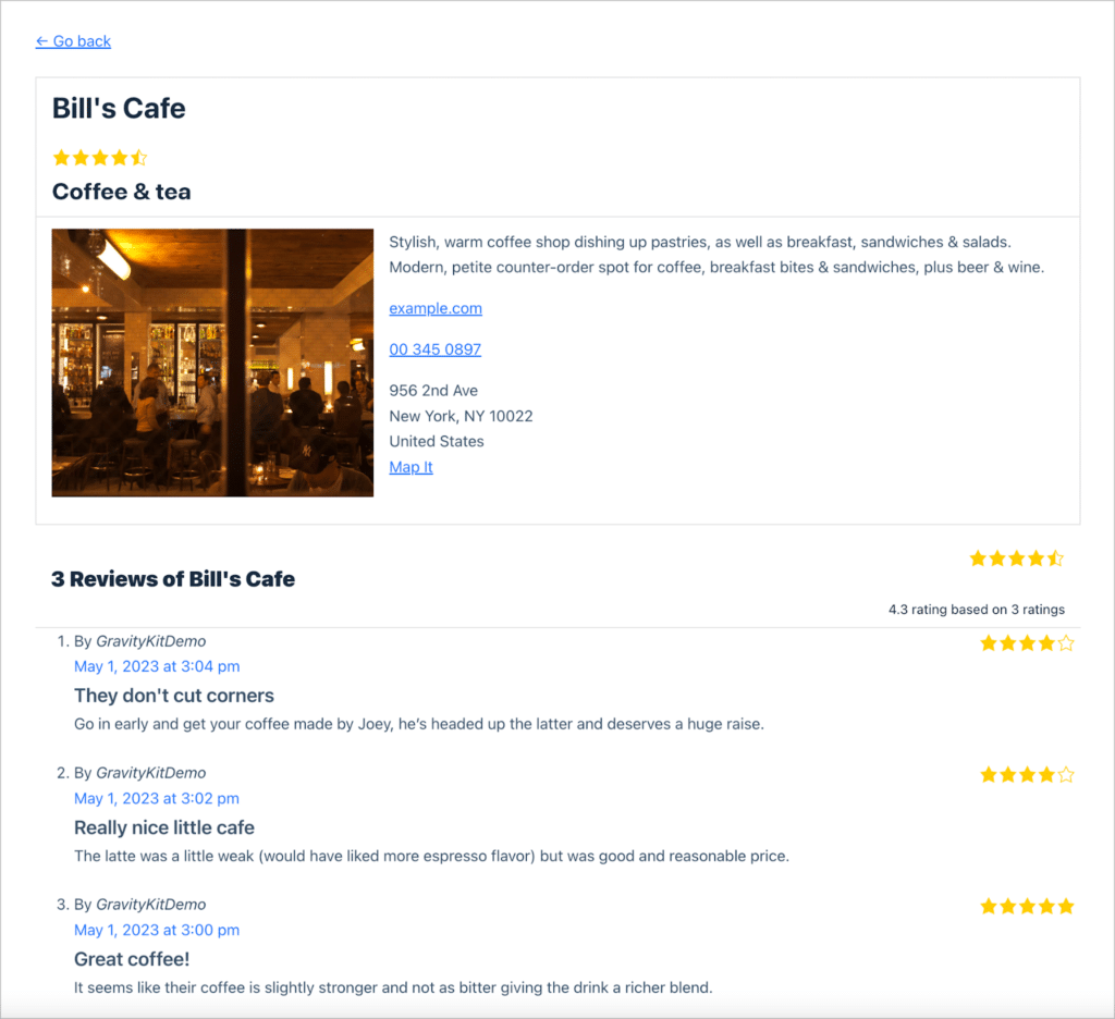 A Yelp-like directory listing for a coffee shop, with user reviews below