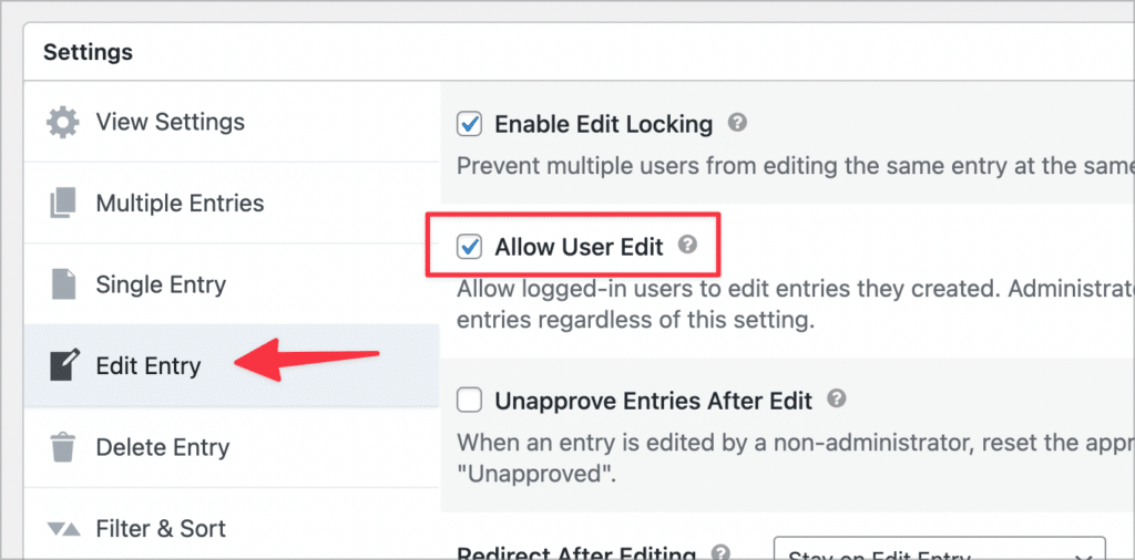 A checkbox labeled 'Allow User Edit' in the GravityView Edit Entry settings