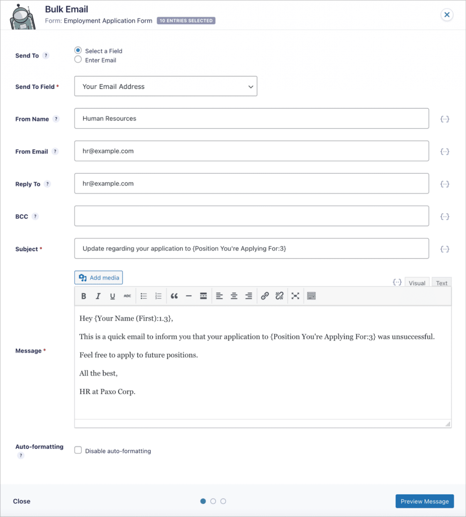 The email configuration screen in GravityActions, allowing you to draft an email to send in bulk and add dynamic content using merge tags