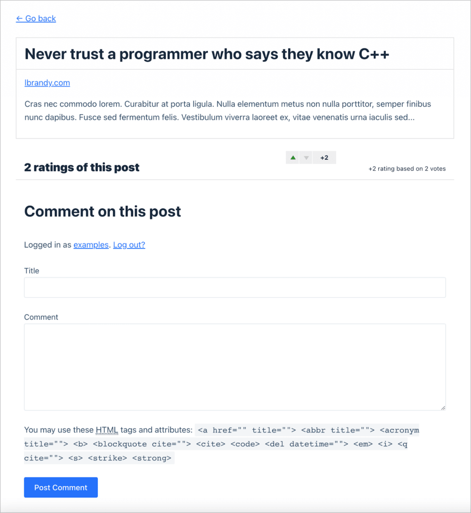 A page showing a single forum post with the ability to leave a rating and comment