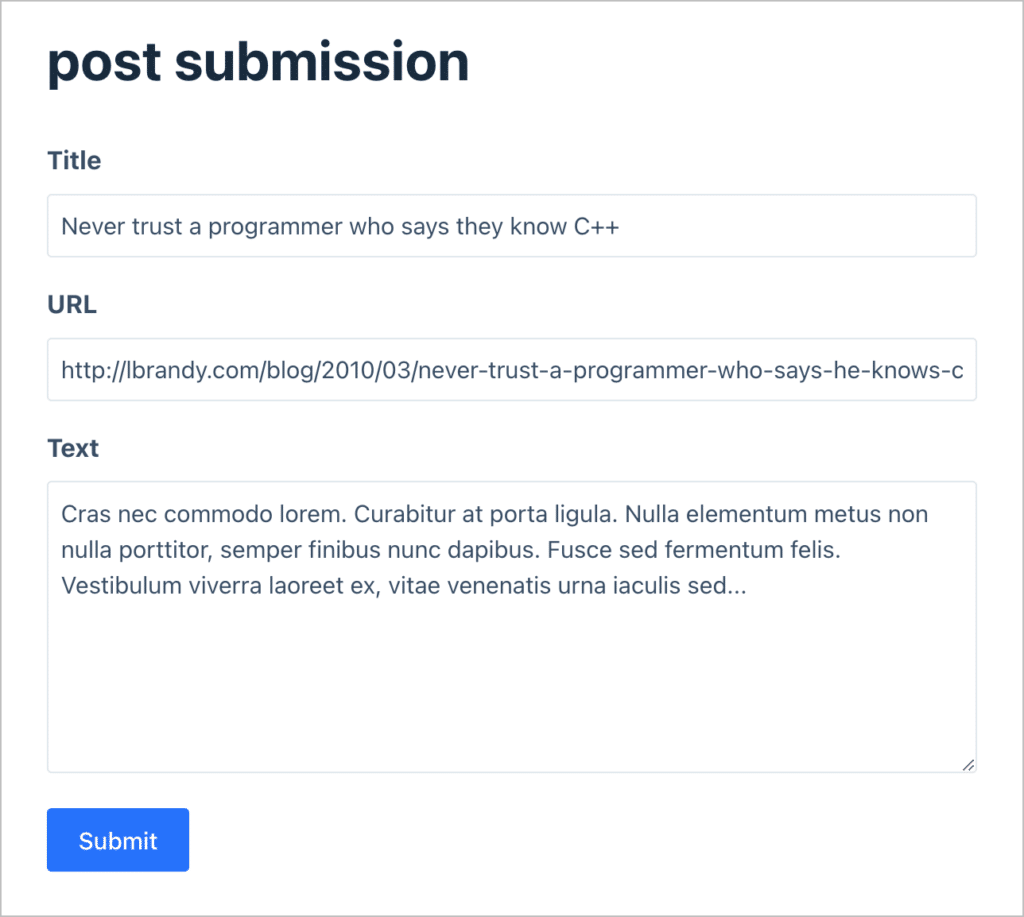 A simple post submission form built using Gravity Forms—the form has 3 fields; 'Title', 'URL', and 'Text'