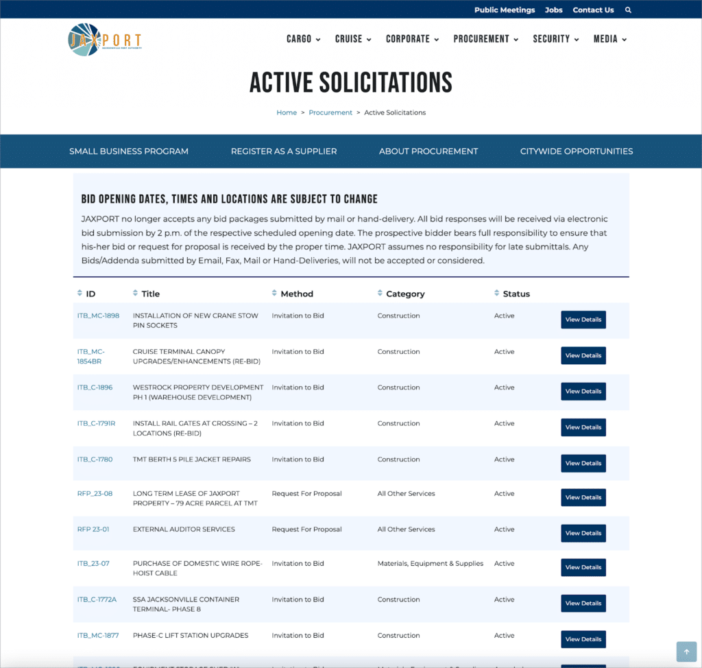 A list of active solicitations on the JAXPORT site—powered by GravityView