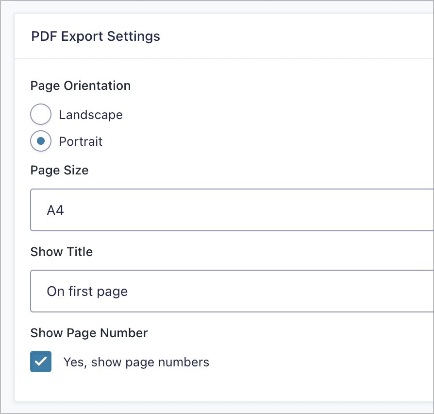 The PDF export settings for GravityExport reports