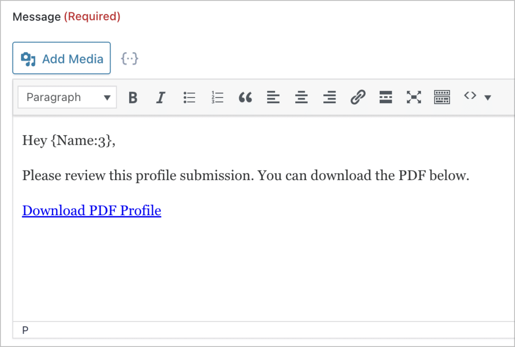The Gravity Forms email notification message body, which includes a link labeled 'Download PDF Profile'