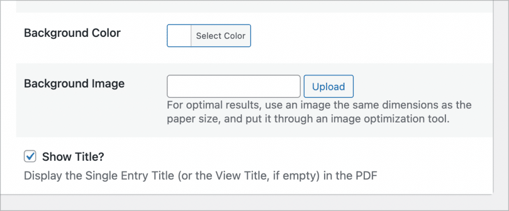 Options in the PDF for GravityView settings for changing the background color, and background image