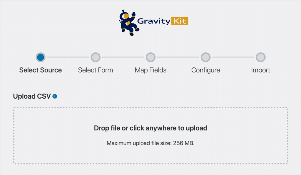 The import entries screen in Gravity Forms, showing the 5-step import process