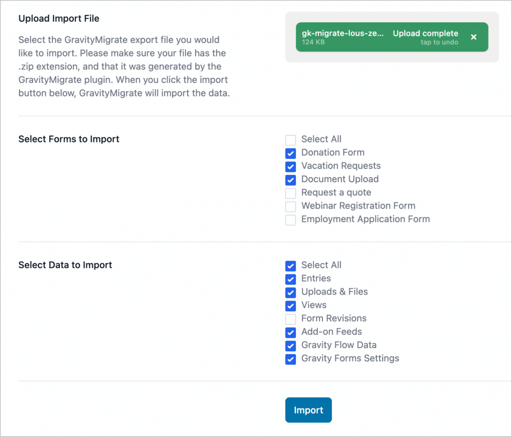 The GravityMigrate Import settings