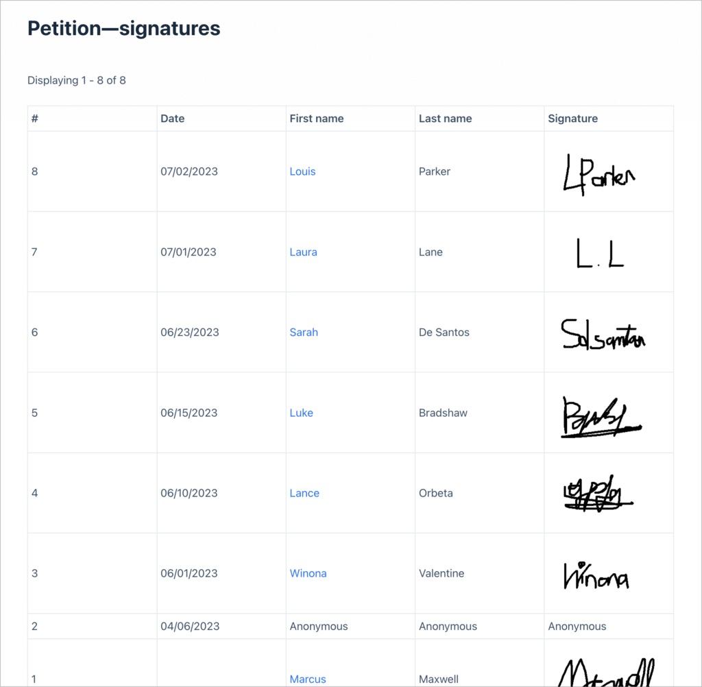 A table of signatures for a petition, built using GravityView