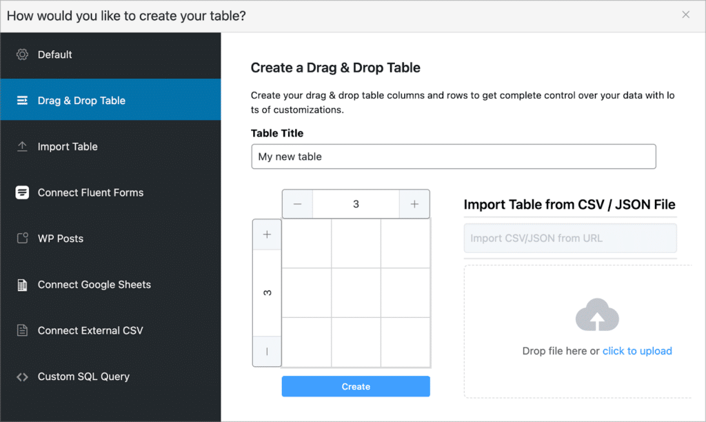 Table configuration screen in Ninja Tables