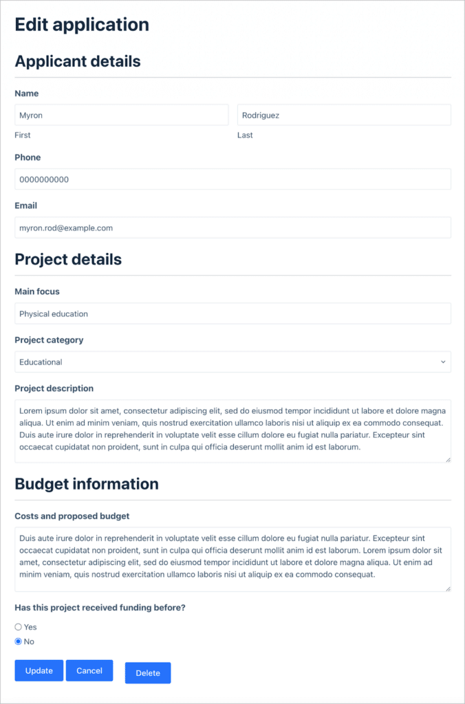 A page where users can edit their grant applications on the front end